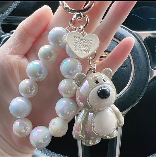 Iridescent Bear Keychain - Colorful Beaded Chain Pendant cute 🐻❄️