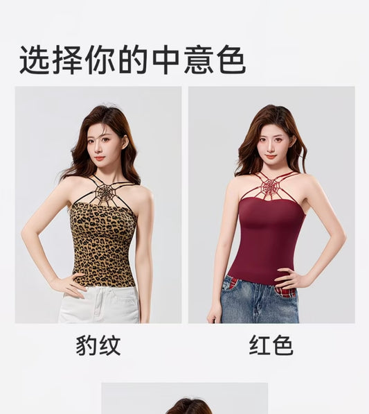 Women's Spider Web Cutout Backless Halter Neck Camisole Inner Wear Top