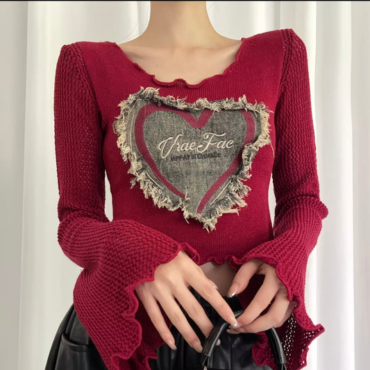 New Trendy Embroidered Bow Cutout Knit Top for Women