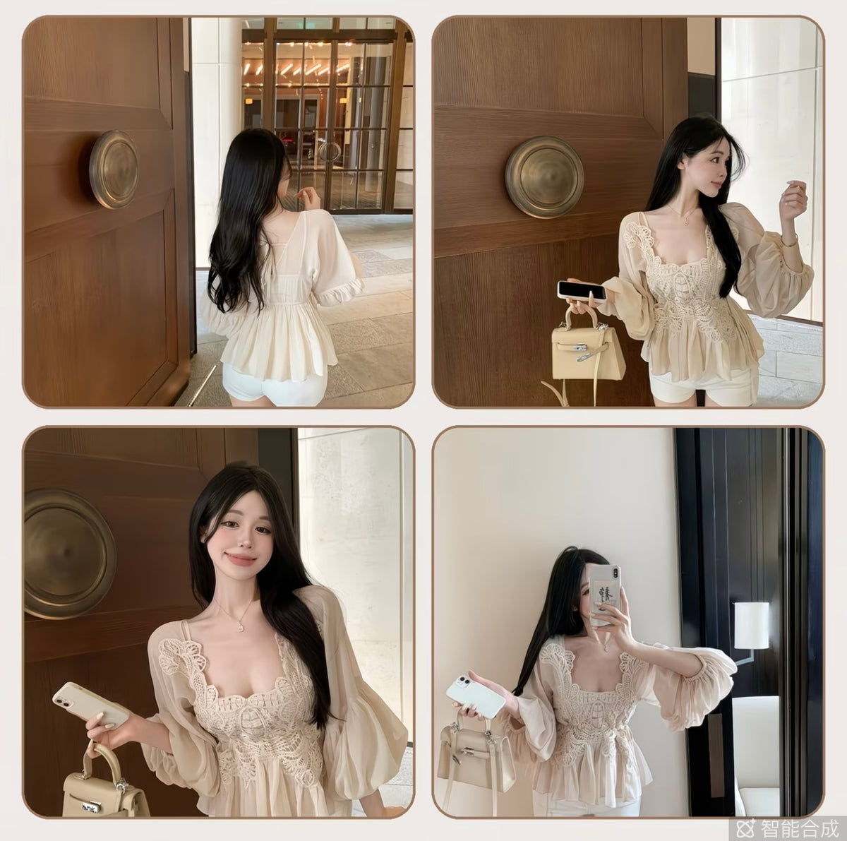 Korean-style Youthful Crochet Lace Patchwork Lantern Sleeve Chiffon midi dress for Women, New Fashion French-inspired Ethereal Chic shirt 🤍