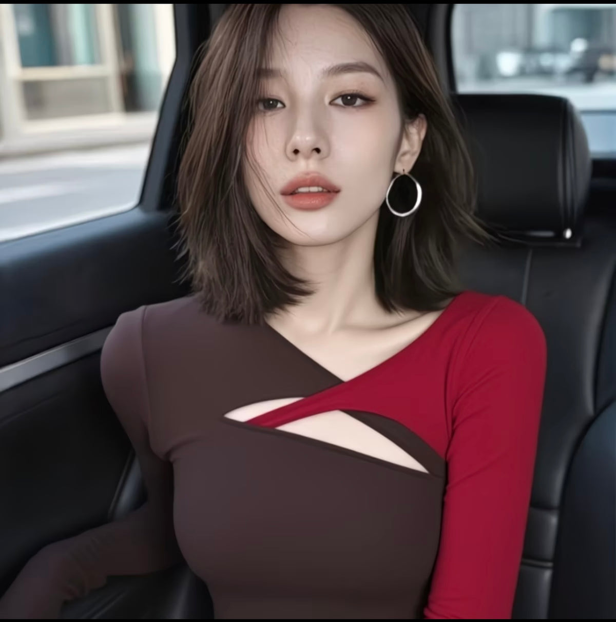 Top with Elegant Vibe - Unique Red-Brown Color Block Long Sleeve T-Shirt for Women