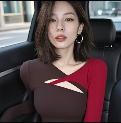 Top with Elegant Vibe - Unique Red-Brown Color Block Long Sleeve T-Shirt for Women