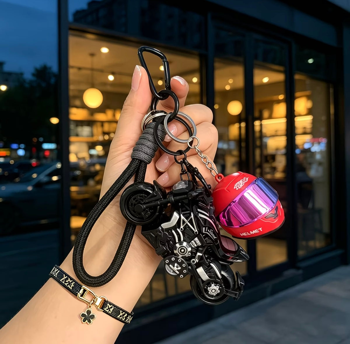 Creative Motorcycle Model Keychain with Light-Up Helmet, Personalized Key Ring 🏍️