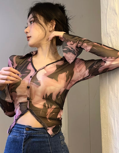 Gradient Mesh Long Sleeve
Shirt Women's Summer Lightweight V-Neck Slim Fit 🖤