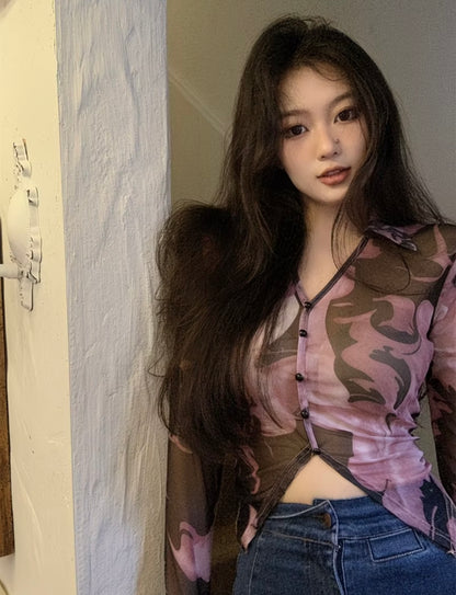 Gradient Mesh Long Sleeve
Shirt Women's Summer Lightweight V-Neck Slim Fit 🖤