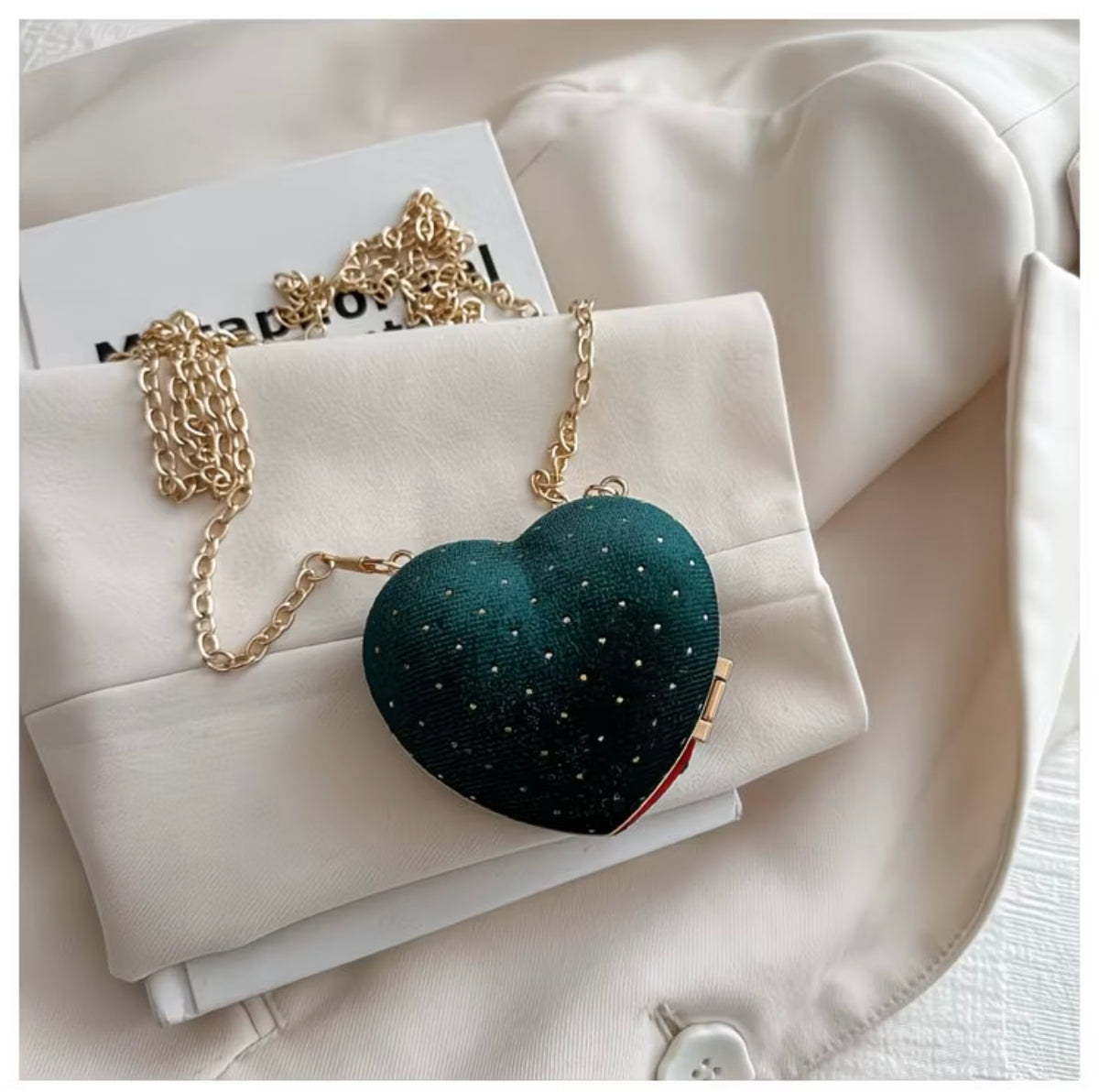 Ultra-mini luxury rhinestone sparkling wine-red heart-shaped  crossbody pouch