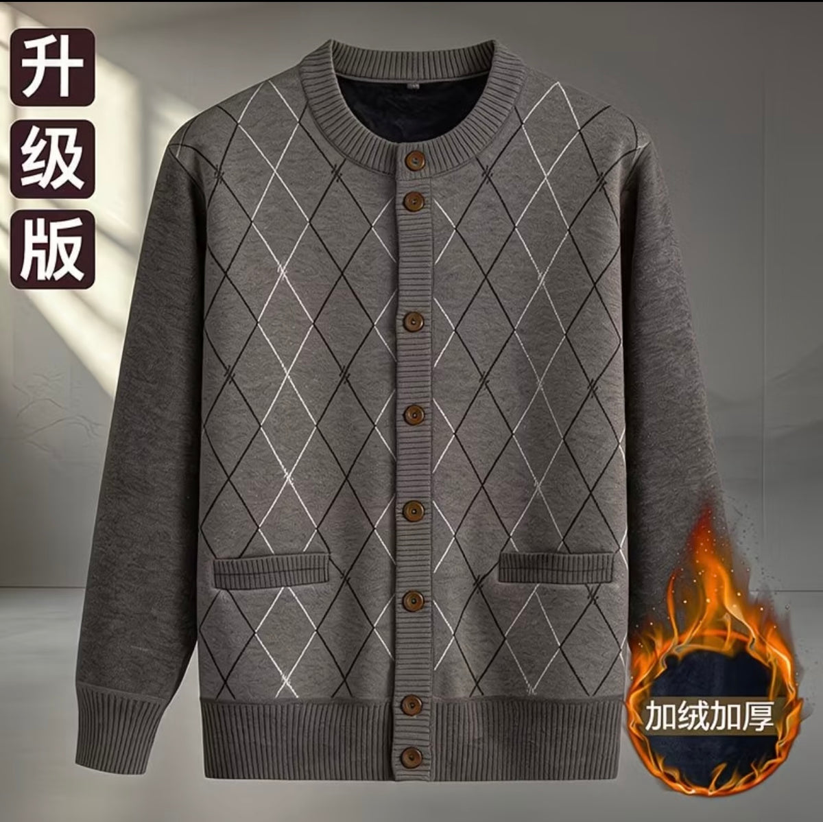 Men's Fleece-Lined Knitted Sweater Warm Thick Cardigan top selling product