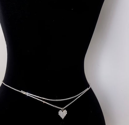 double-layer rhinestone heart pendant waist chain diamond belly body chain accessory