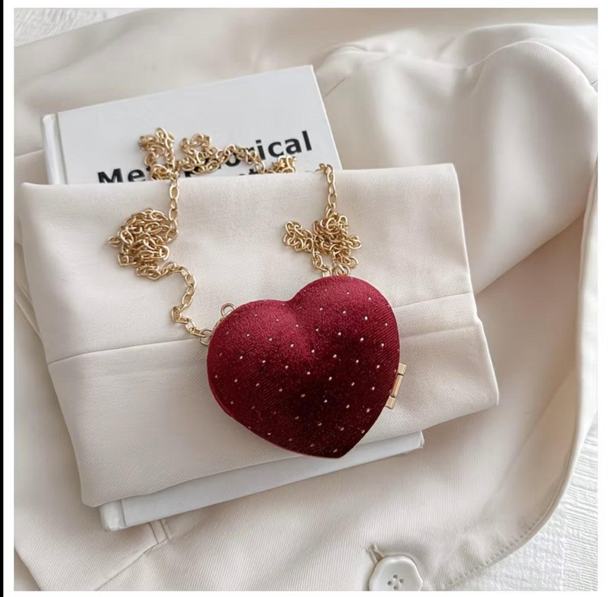 Ultra-mini luxury rhinestone sparkling wine-red heart-shaped  crossbody pouch