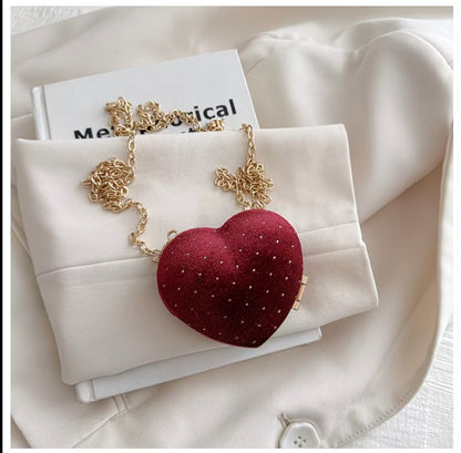 Ultra-mini luxury rhinestone sparkling wine-red heart-shaped  crossbody pouch