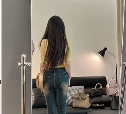 Women's 2026  Fall Elastic High-Waisted Designer
Patchwork Studded American-Style Flare Jeans for Petite Figures 👖