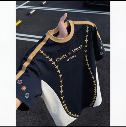 Men's Round Neck Printed Short Sleeve T-Shirt with Contrasting Color Block Design, Raglan Sleeves, Oversized Fit