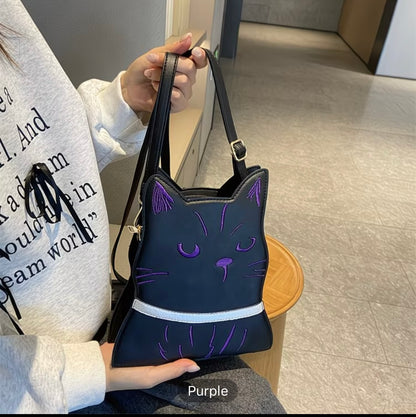 Large Capacity Shoulder Crossbody Bag with Cute Cat Design, Stylish Bucket Bag for Outdoor Use
