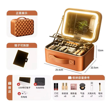 Professional Large-Capacity Storage Box with Mirror for Cosmetics, Includes Makeup Brush Set
