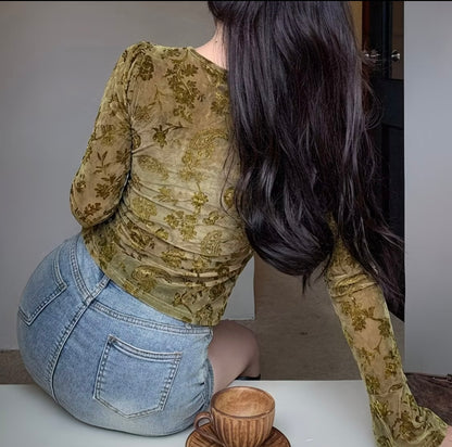 French Vintage Jacquard Embroidered Shirt with Irregular Knot Design for Women, Fashionable Elegant Casual Top