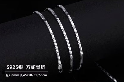 925 Sterling Silver Necklace for Men  - Flat Snake Bone Collarbone Chain