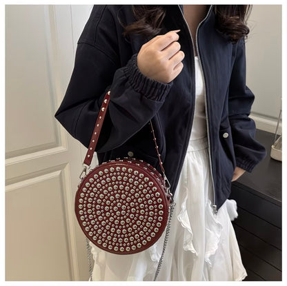 Vintage-style , crossbody shoulder bag with metal rivets, versatile chain-strap handbag
