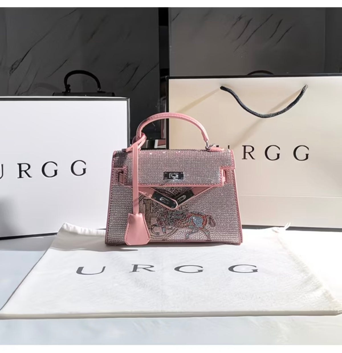 URGE Rhinestone  New Trendy Textured Second Generation Mini Kelly Bag with crossbody Handbag
