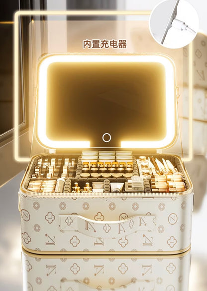 Premium Makeup Organizer Box with Mirror, LED Light, Professional Stylist Storage Case