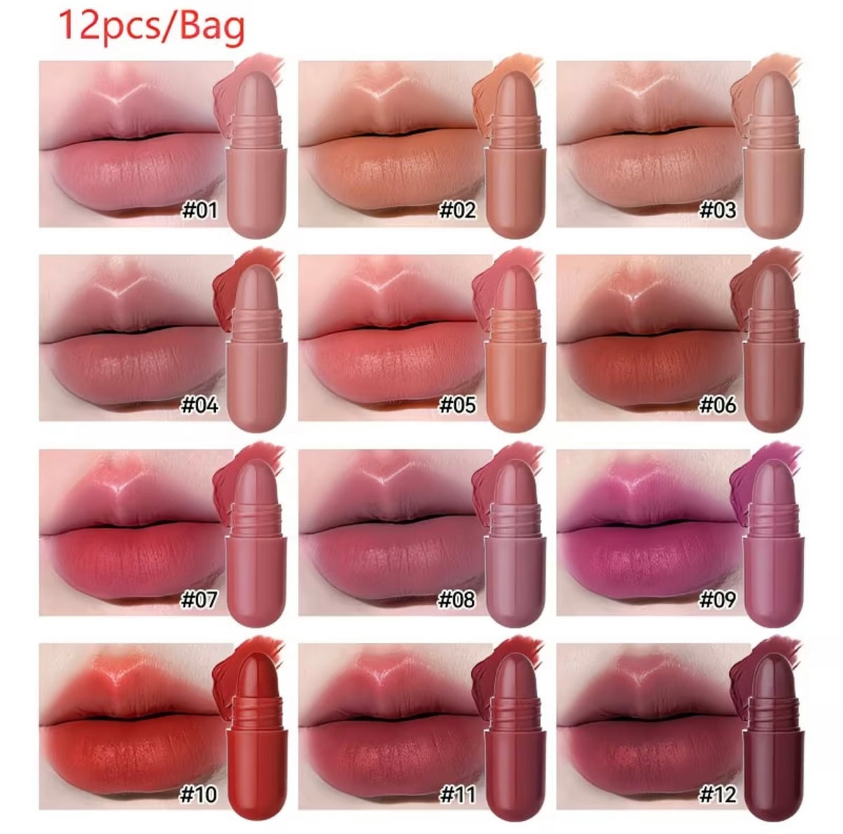 12-Color Capsule Lipstick Set - Long-Lasting, Transfer-Resistant Matte Lipstick