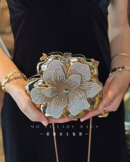 Elegant French-style golden sparkling rhinestone floral acrylic clutch bag 🌸