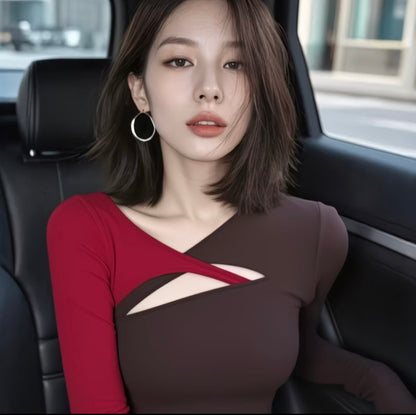 Top with Elegant Vibe - Unique Red-Brown Color Block Long Sleeve T-Shirt for Women