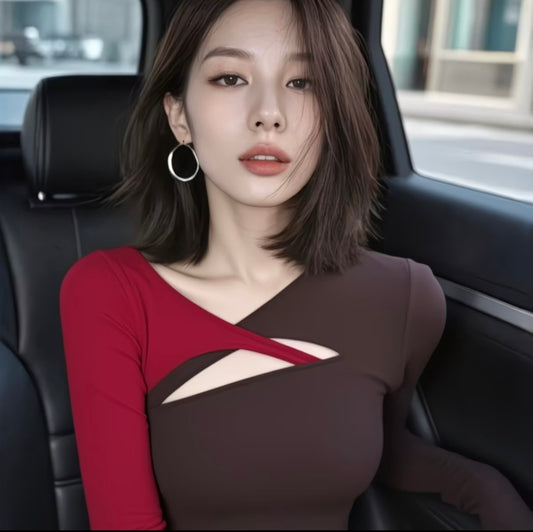 Top with Elegant Vibe - Unique Red-Brown Color Block Long Sleeve T-Shirt for Women