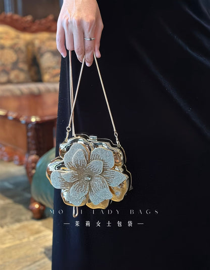 Elegant French-style golden sparkling rhinestone floral acrylic clutch bag 🌸