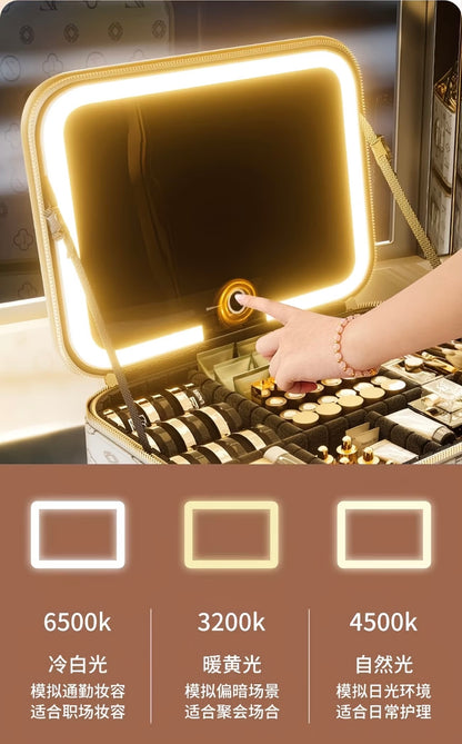 Premium Makeup Organizer Box with Mirror, LED Light, Professional Stylist Storage Case
