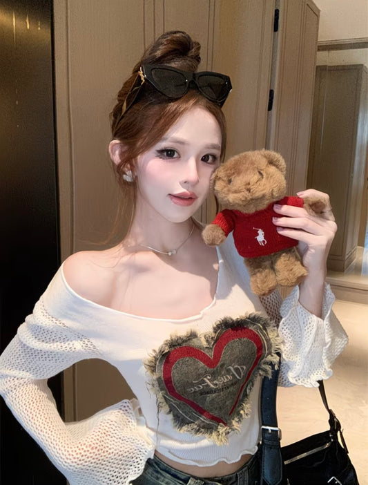 New Trendy Embroidered Bow Cutout Knit Top for Women