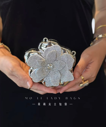Elegant French-style golden sparkling rhinestone floral acrylic clutch bag 🌸