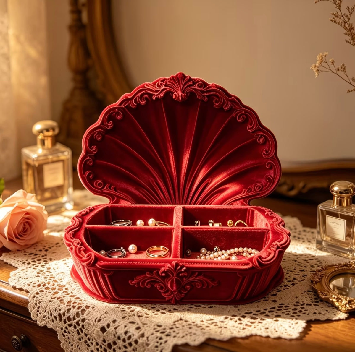 European-style embossed shell jewelry storage box aesthetic 🦪
