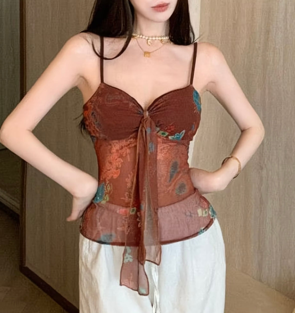 Vintage Spice Girls-style Printed Mesh
Sleeveless Tank Top for Women, Summer Slimming Fit Outerwear 👗🌸🤍