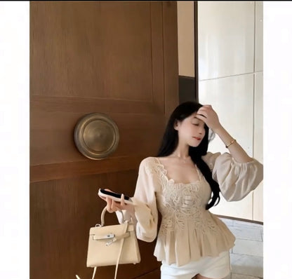 Korean-style Youthful Crochet Lace Patchwork Lantern Sleeve Chiffon midi dress for Women, New Fashion French-inspired Ethereal Chic shirt 🤍