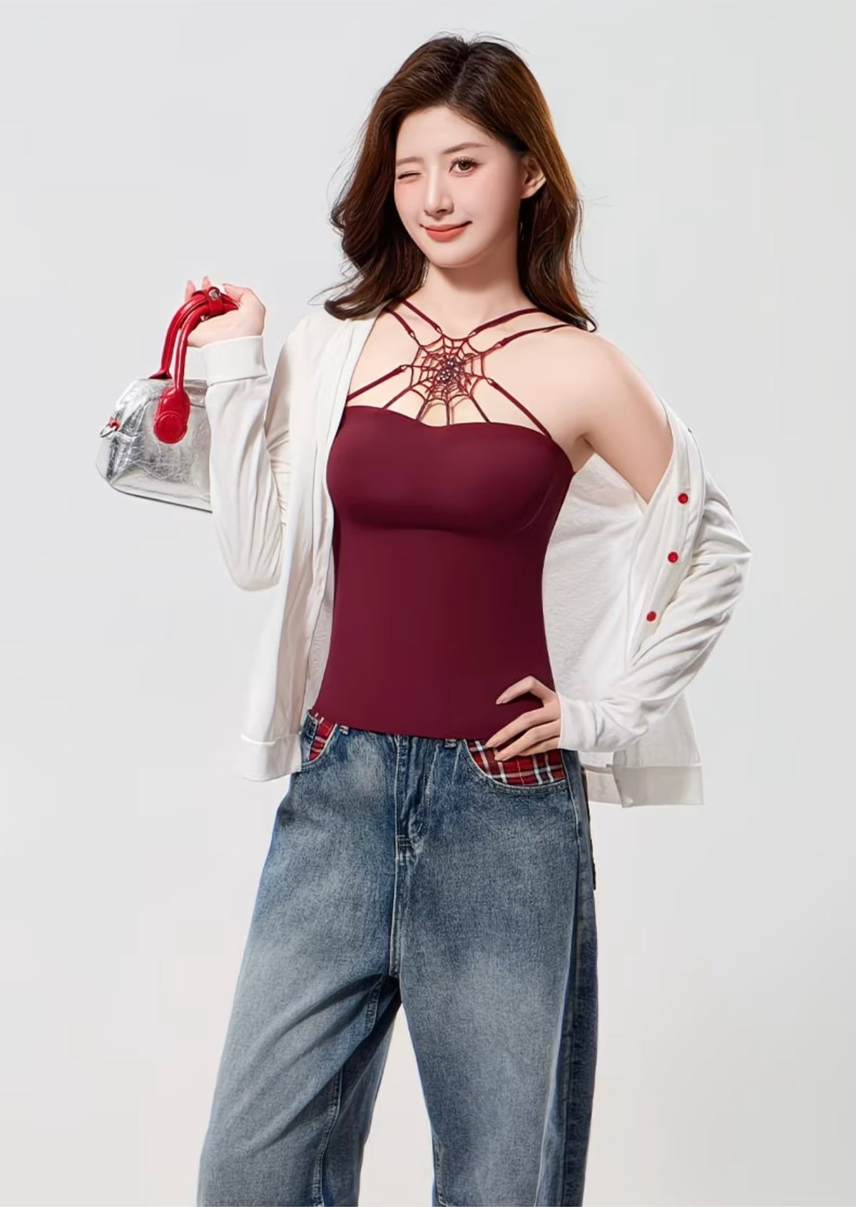 Women's Spider Web Cutout Backless Halter Neck Camisole Inner Wear Top