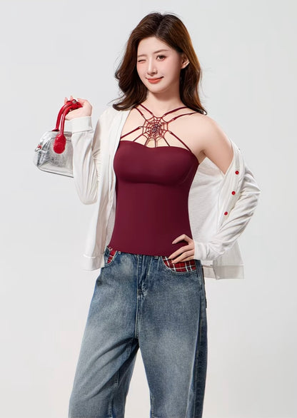 Women's Spider Web Cutout Backless Halter Neck Camisole Inner Wear Top
