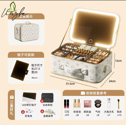 Premium Makeup Organizer Box with Mirror, LED Light, Professional Stylist Storage Case