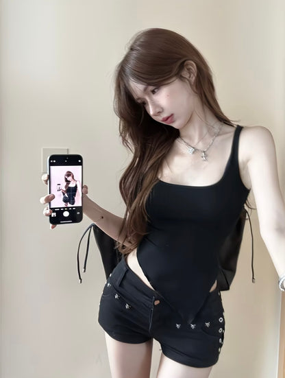 Sheer Mesh Spaghetti Strap Tank Top for Women, Summer Asymmetrical Strapless Backless Top 🖤