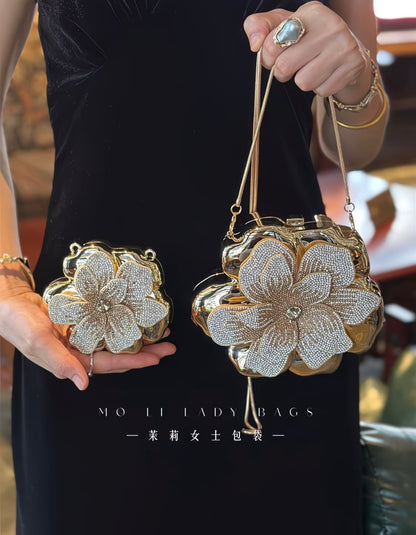 Elegant French-style golden sparkling rhinestone floral acrylic clutch bag 🌸
