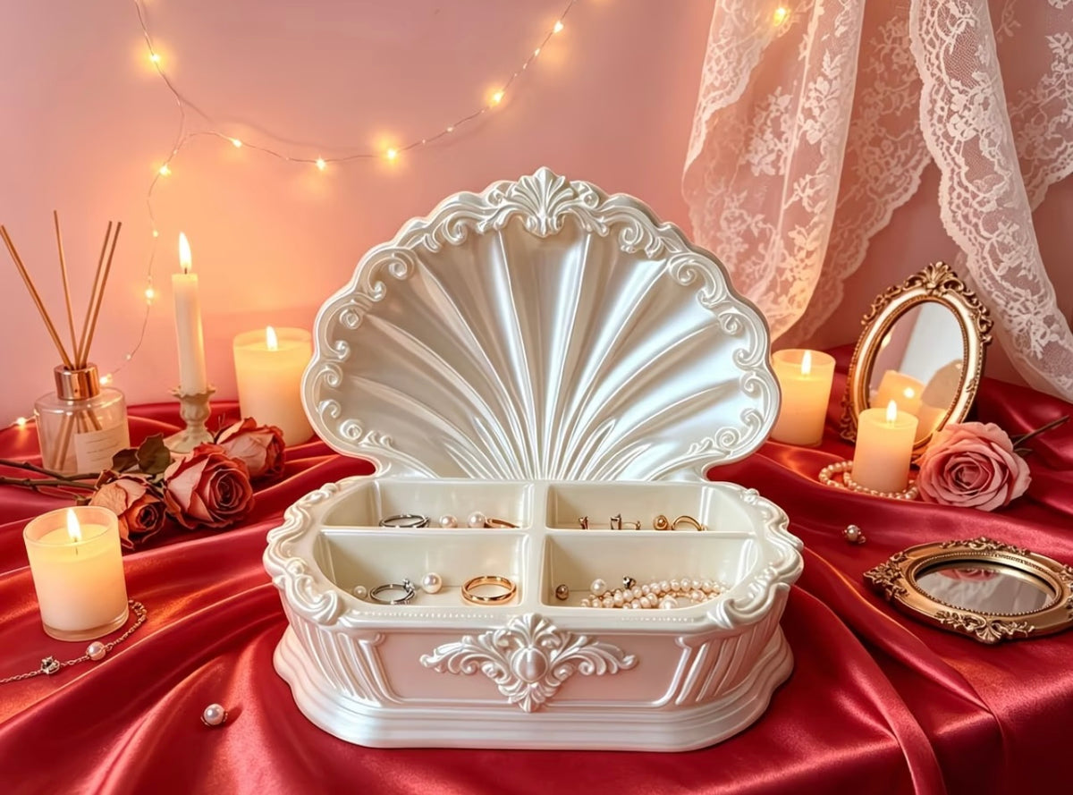 European-style embossed shell jewelry storage box aesthetic 🦪