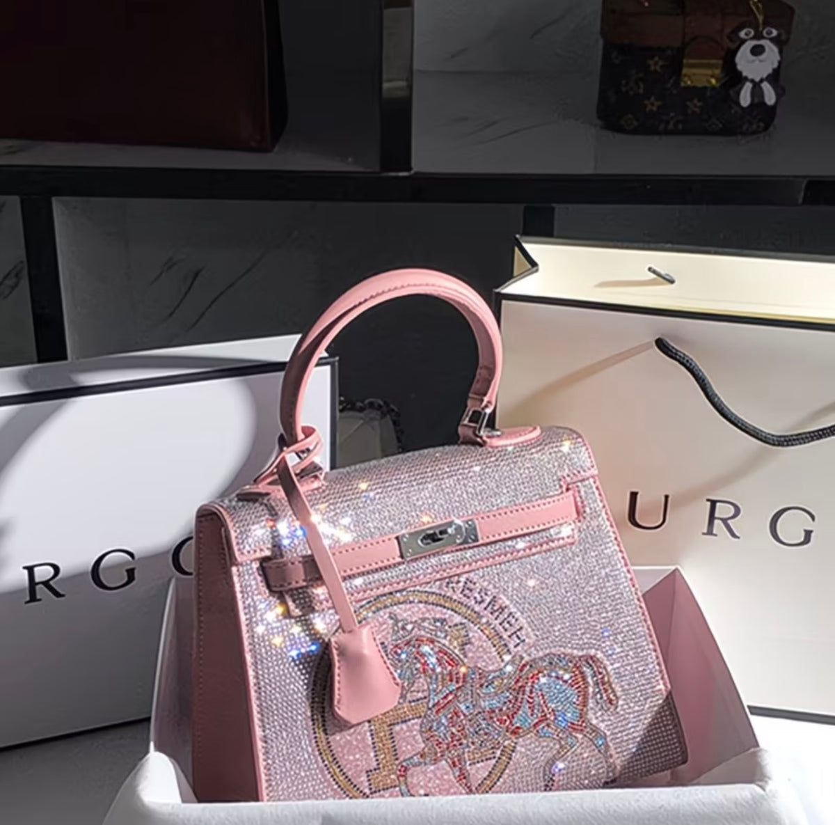 URGE Rhinestone  New Trendy Textured Second Generation Mini Kelly Bag with crossbody Handbag