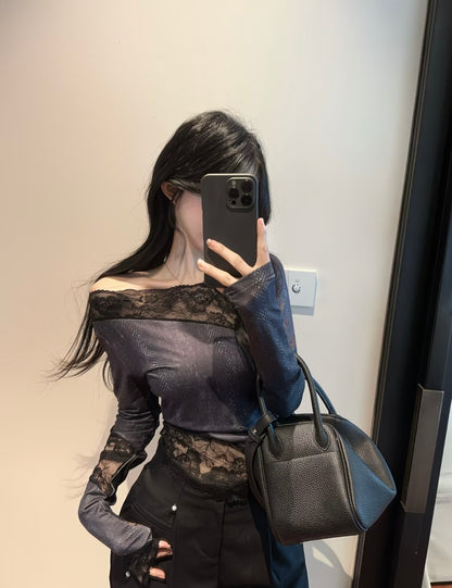 pring Spicy Girl Style Lace-Paneled Vintage
Long Sleeve T-Shirt, Stylish Outerwear Design with Irregular Hem for Slimming Effect 🐾🖤🪐