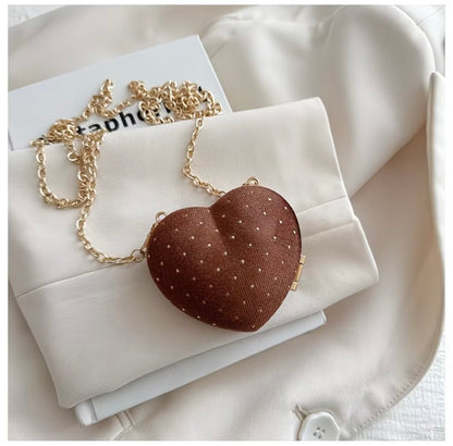 Ultra-mini luxury rhinestone sparkling wine-red heart-shaped  crossbody pouch