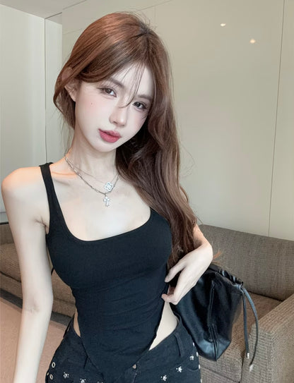 Sheer Mesh Spaghetti Strap Tank Top for Women, Summer Asymmetrical Strapless Backless Top 🖤