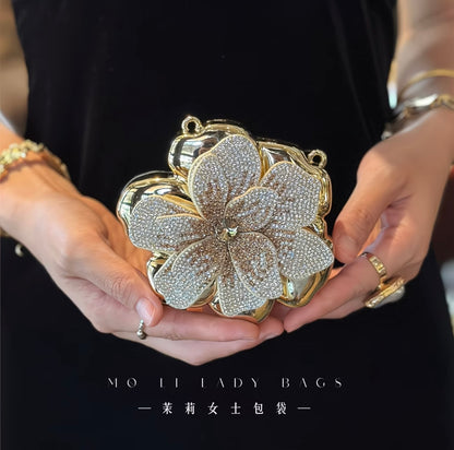 Elegant French-style golden sparkling rhinestone floral acrylic clutch bag 🌸