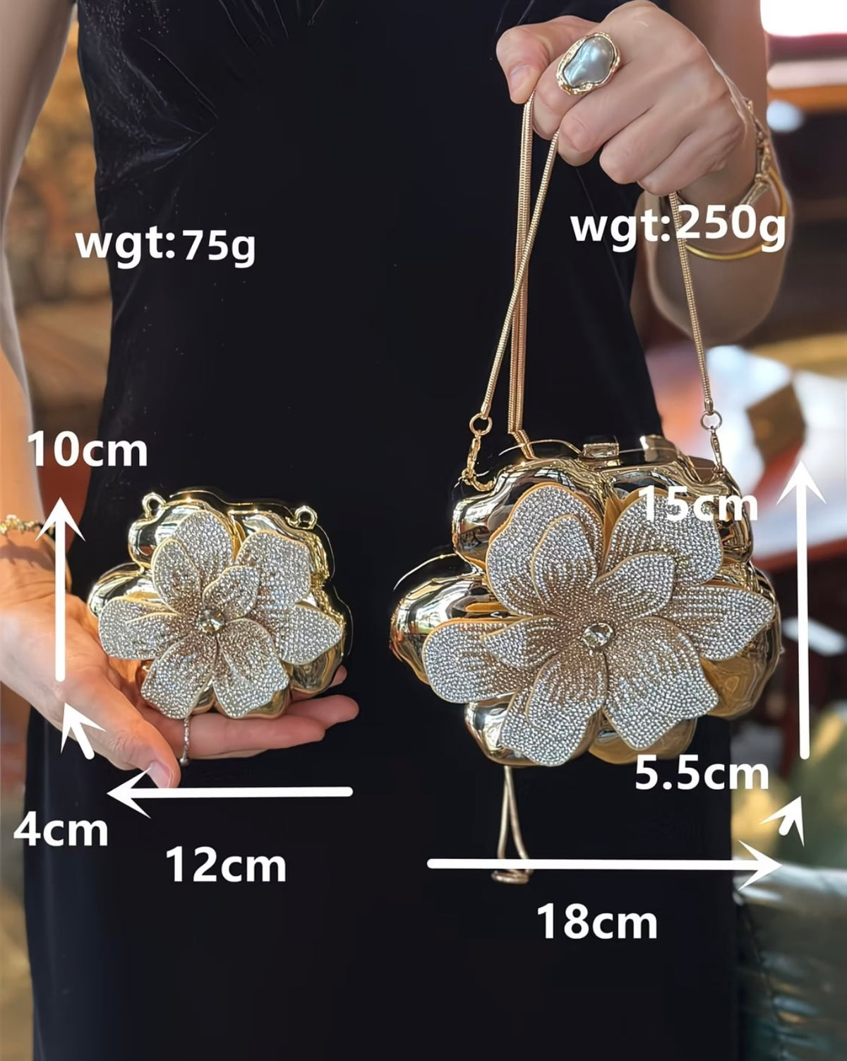 Elegant French-style golden sparkling rhinestone floral acrylic clutch bag 🌸