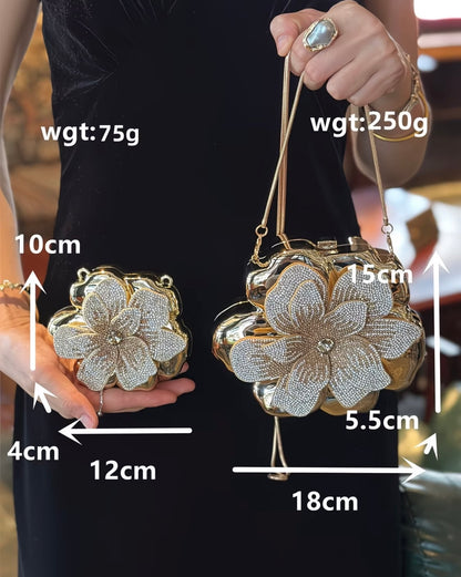 Elegant French-style golden sparkling rhinestone floral acrylic clutch bag 🌸