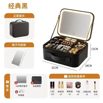 Professional Large-Capacity Storage Box with Mirror for Cosmetics, Includes Makeup Brush Set
