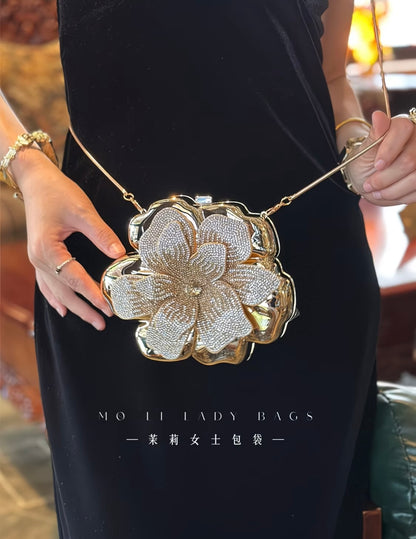 Elegant French-style golden sparkling rhinestone floral acrylic clutch bag 🌸