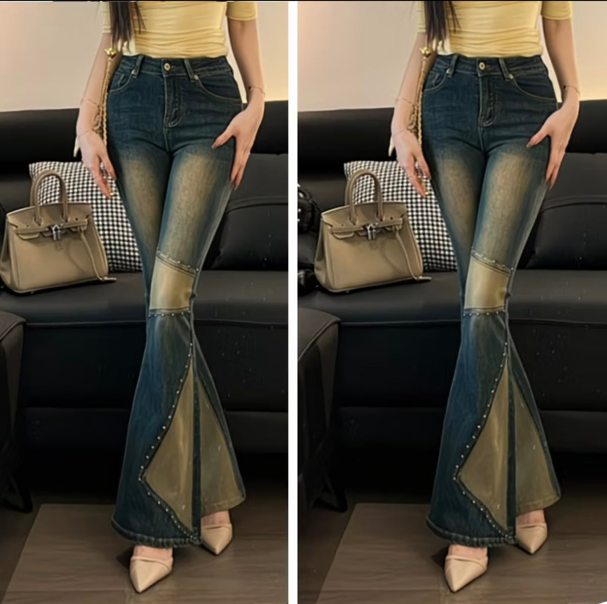 Women's 2026  Fall Elastic High-Waisted Designer
Patchwork Studded American-Style Flare Jeans for Petite Figures 👖